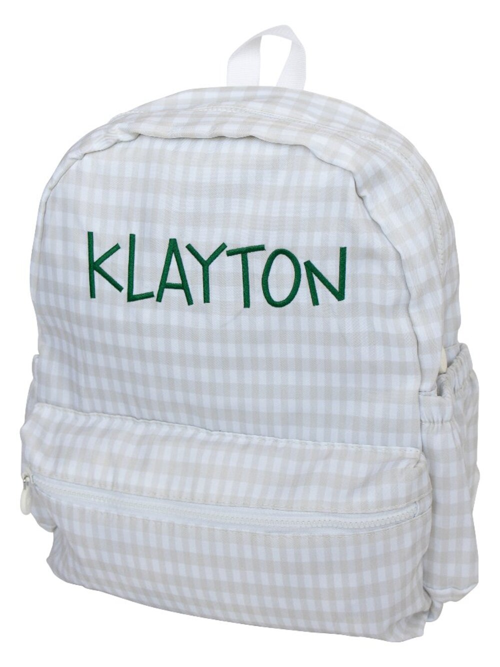 Khaki Gingham Nylon Backpack (Full Size) with Klayton in Green Stitching - NEW